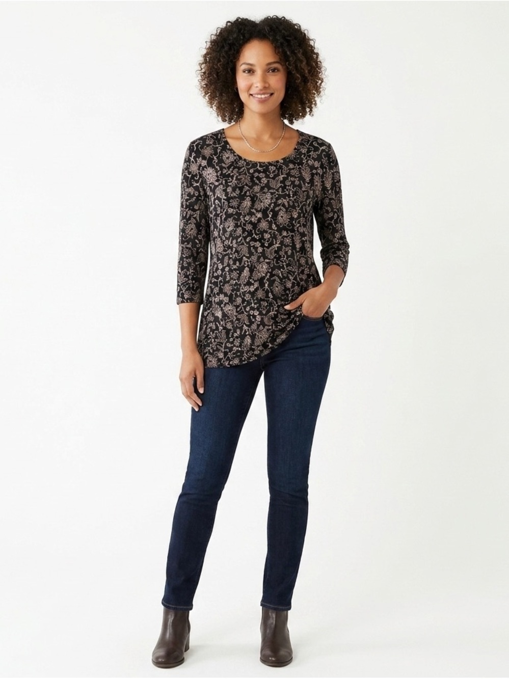 J Jill Black Floral Scoop Neck 3/4 Sleeve Top